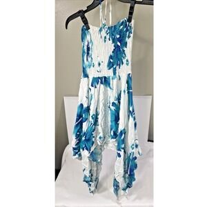 Unbranded Sundress Women One Size Blue Floral Smocked Handkerchief Hem Rayon
